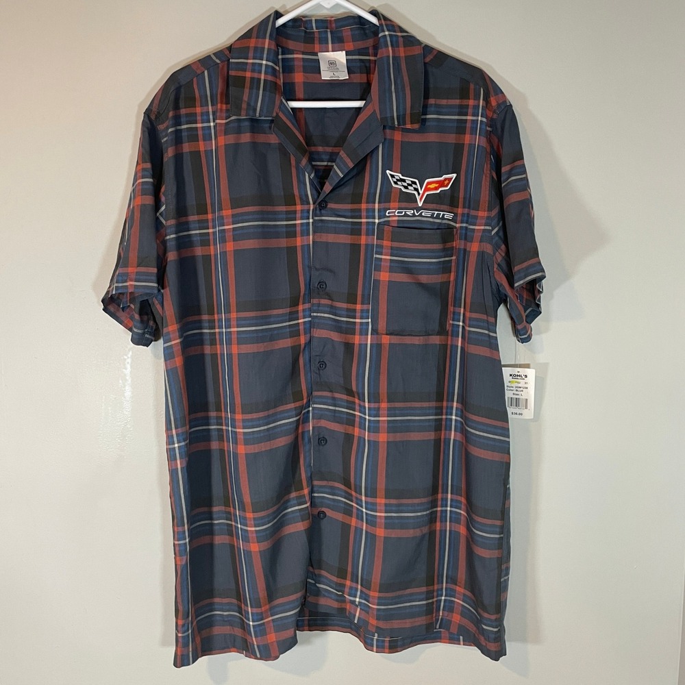 Corvette GM Embroidered Mens Large Blue Plaid Short Sleeve Button Up Shirt NWT